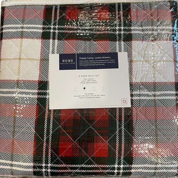 Home Reflections NEW Reversible Holiday Plaid Quilt Sham Pillow Set Full Double - Picture 2 of 13